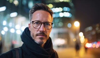 Fototapeta premium Confident man with glasses stands in a city at night, illuminated by warm and cool lights.