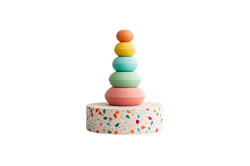 Colorful wooden stacking toy with five oval rings in coral, yellow, turquoise, mint, and pink colors, isolated on a transparent background