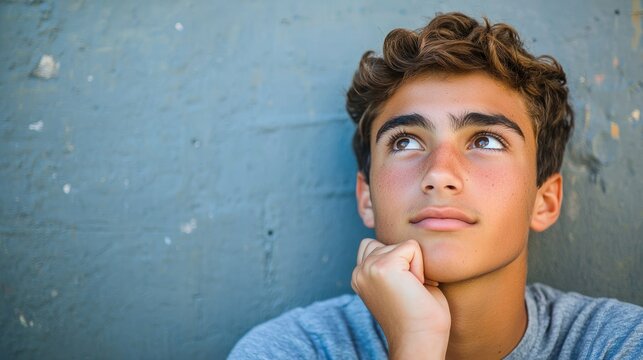 A young man with curly hair, wearing a gray t-shirt, looking up thoughtfully against a blue wall.