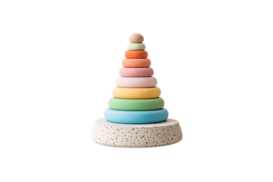Colorful stacking toy with nine pastel rings in peach, coral, pink, yellow, green, blue shades, isolated on a transparent background