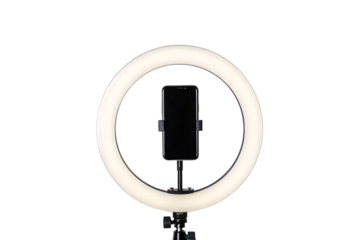 Professional ring light with smartphone mount and tripod stand for photography and video recording, isolated on a transparent background