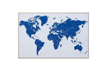 Blue world map showing all continents with country borders in detailed geographic illustration style, isolated on a transparent background
