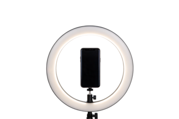 Ring light with smartphone mount on tripod stand for content creation, isolated on a transparent background