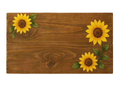 A wooden sign with yellow flowers and leaves. The sign is brown and has a floral design. The sign is placed on a white background