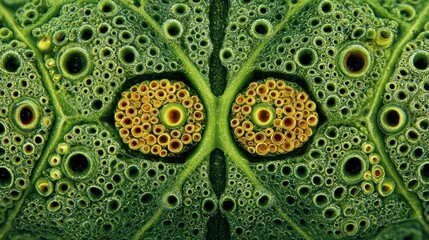 Intricate plant cell structure close up macro photography of green and yellow cellular detail