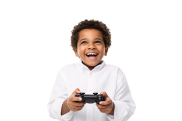 Cheerful young child in white button-up shirt enjoying gaming with controller, isolated on a transparent background