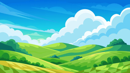 Obraz premium Summer landscape with green hills, blue sky and clouds. Vector illustration