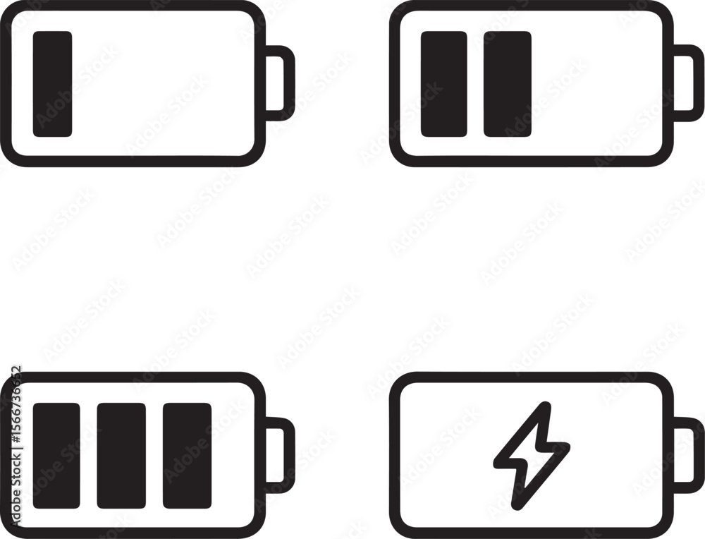 Fototapete Battery level icon set. Charge level indicator collection with low, medium, full and charging symbol for app and UI. line art vector illustration 