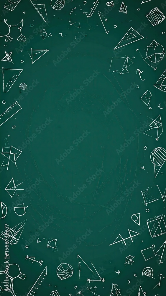 Poster white chalk drawn random shapes bordering green background with empty space for content
