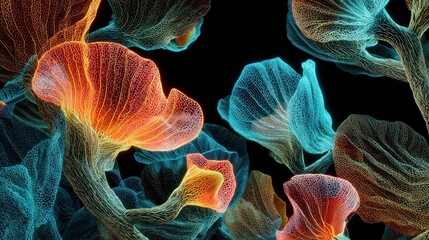 Intricate translucent flowers teal and orange artistic digital design