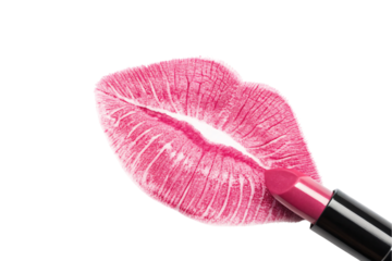 Pink lipstick tube with kiss mark print cosmetic makeup beauty product feminine romantic love symbol, isolated on a transparent background