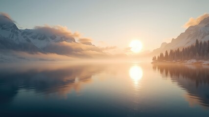 Fototapeta premium Serene alpine lake reflects the warm glow of the morning sun, shrouded in mist, surrounded by snow-covered mountains and evergreen trees