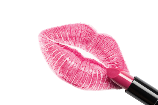 Pink lipstick tube with kiss mark print cosmetic makeup beauty product feminine romantic love symbol, isolated on a transparent background
