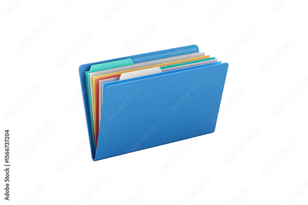 Poster blue file folder containing colorful documents and papers organized in layered sections for office s