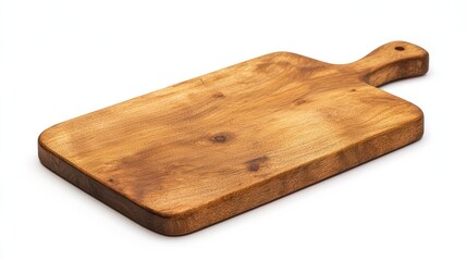 A wooden cutting board with a handle, placed on a white surface.