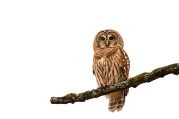 Brown striped owl perched on moss-covered branch with large dark eyes and detailed feather patterns, isolated on a transparent background