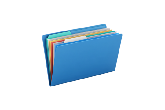 Blue file folder containing colorful documents and papers organized in layered sections for office storage, isolated on a transparent background