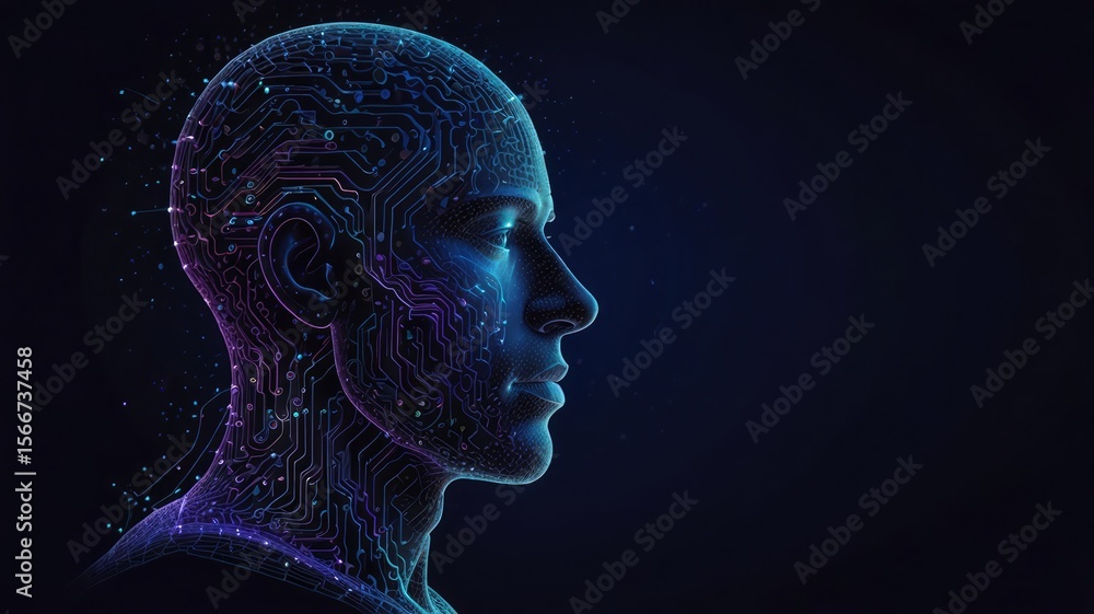 Poster digital rendering of a human head profile, showcasing intricate circuit patterns and a futuristic de
