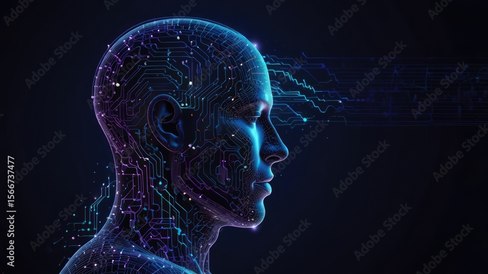 Poster digital human profile overlaid with glowing circuit board patterns, representing artificial intellig