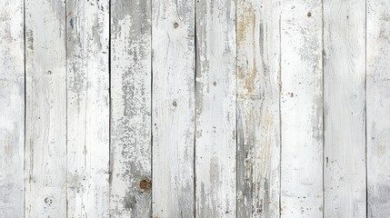 Obraz premium A weathered, white-painted wooden plank wall with a rustic, vintage aesthetic.