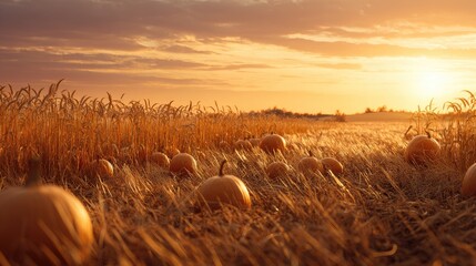 Wide shot of a field of golden wheat with scattered pumpkins at dawn, warm glow horizon, rural harvest theme