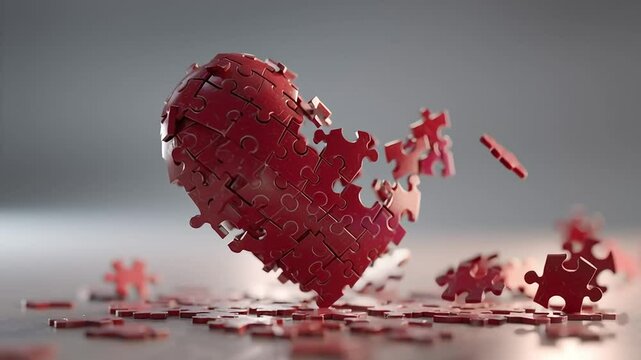 A red heart puzzle with pieces falling apart on a gray surface