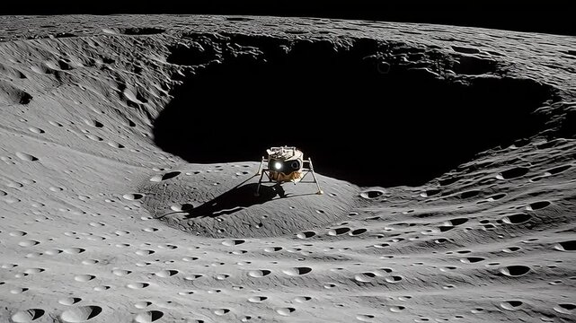 Lunar lander near a crater on the surface of the moonscape