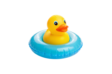 Bright yellow rubber duck floating in blue inflatable ring with orange beak and eyes, isolated on a transparent background