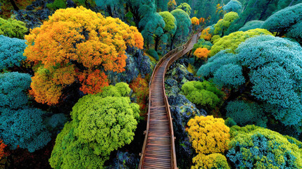 A scenic wooden walkway winds through a vibrant forest filled with vividly colored trees in shades of orange, yellow, green, and blue, creating a surreal, enchanting landscape
