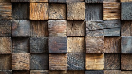 A wooden wall with a geometric pattern of interlocking wooden blocks in various shades of brown and black.