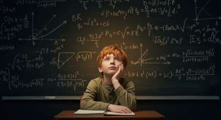Young thoughtful schoolboy in classroom solving equations on chalkboard getting knowledge and education