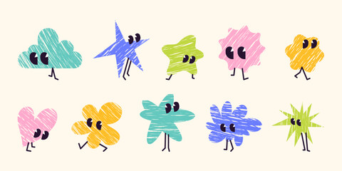 Set of funny cartoon abstract characters  with textured fill, big eyes, walking legs. Playful colorful minimalist cute childish creatures in various blob, cloud, and star shapes. Decoration elements.