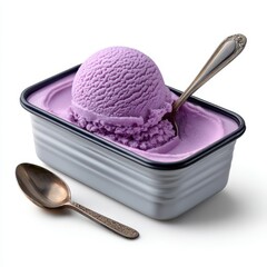 Scoop of lavender ice cream in container with spoons isolated on white background