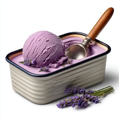 Scoop of lavender ice cream in container with fresh lavender isolated on white background