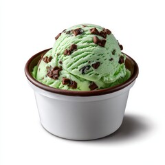 Scoops of mint chocolate chip ice cream in a white cup isolated on white background