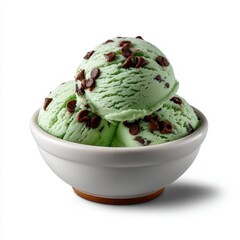Mint chocolate chip ice cream scoops in bowl isolated on white background
