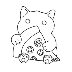 Tabby cat with pizza vector line art outline illustration 