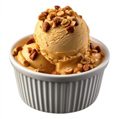 Two scoops of caramel ice cream with nuts isolated on white background