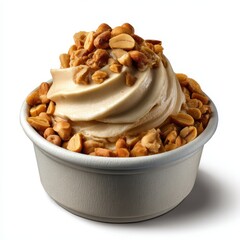 Peanut butter soft serve ice cream topped with peanuts isolated on white background