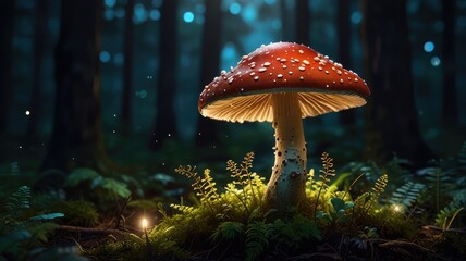 Fototapeta premium A vibrant mushroom with a red cap and white spots glows in a forest clearing, surrounded by moss and ferns.
