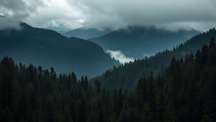 Obraz premium A scenic view of layered mountain ranges with dense forests under a cloudy and overcast sky landscape