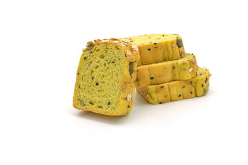 Sliced Pumpkin Bread with Mixed Grains on White Background