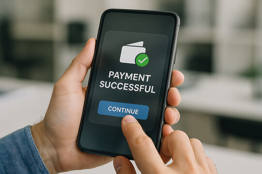 Successful payment confirmation with blue continue button on smartphone screen, person's hand pressing, indicating completed secure transaction and convenient online financial service