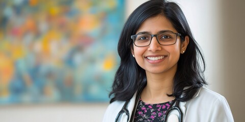 compassionate female doctor smiling in clinic for healthcare and medical professionals photos