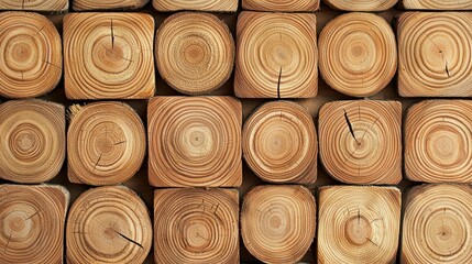 A wooden wall with cut logs arranged in a grid pattern.