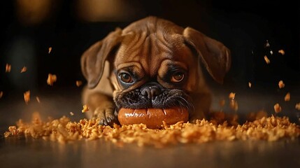 adorable french bulldog puppy eating meatball with crumbled food on floor