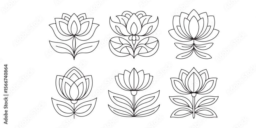 Poster six simple lotus flower line drawings arranged in two rows on a white background minimal style illus