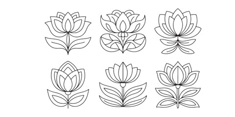 Fototapeta premium Six simple lotus flower line drawings arranged in two rows on a white background minimal style illustration