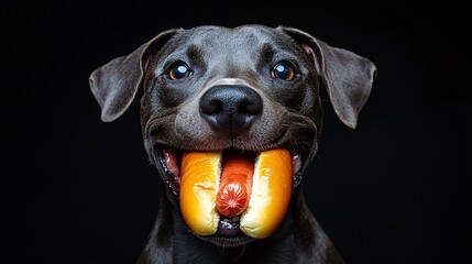 playful dog with hot dog and sausage in mouth against black background