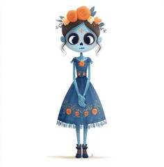 A cute girl character of the Day of the Dead, wearing a blue dress with lace and flowers on top, against a white background.